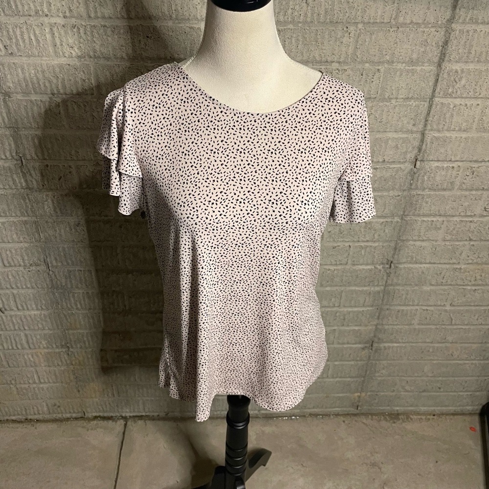 Adrianna Papell Polka Dot Ruffled Sleeve Crew Neck Short Sleeve Blouse Large